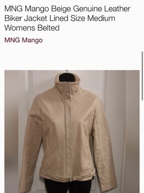 MNG Mango Beige Genuine Leather Biker Jacket Lined Size Medium Womens Belted